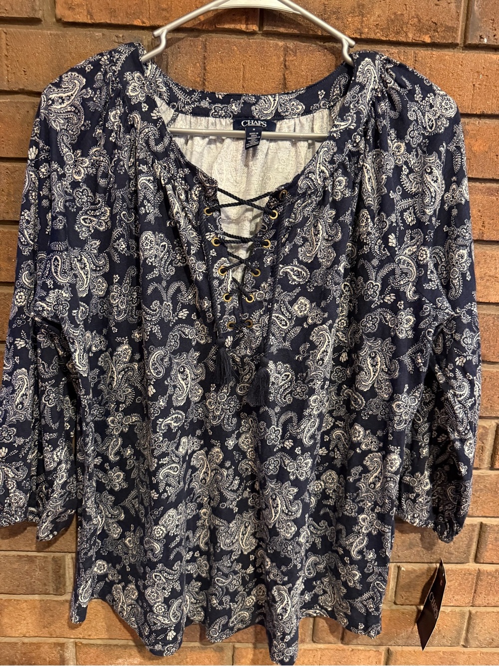 Chaps Navy and White Paisley Lace-Up cotton modal Top medium NWT Kohl’s $55